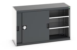 Bott cubio cupboard with lockable sliding doors 800mm high x 1300mm wide x 525mm deep and supplied with 2 x 160kg capacity shelves.   Ideal for areas with limited space where standard outward opening doors would not be suitable. ... Bott Cubio Sliding Solid Door Cupboards with shelves and drawers 1600mm high option available